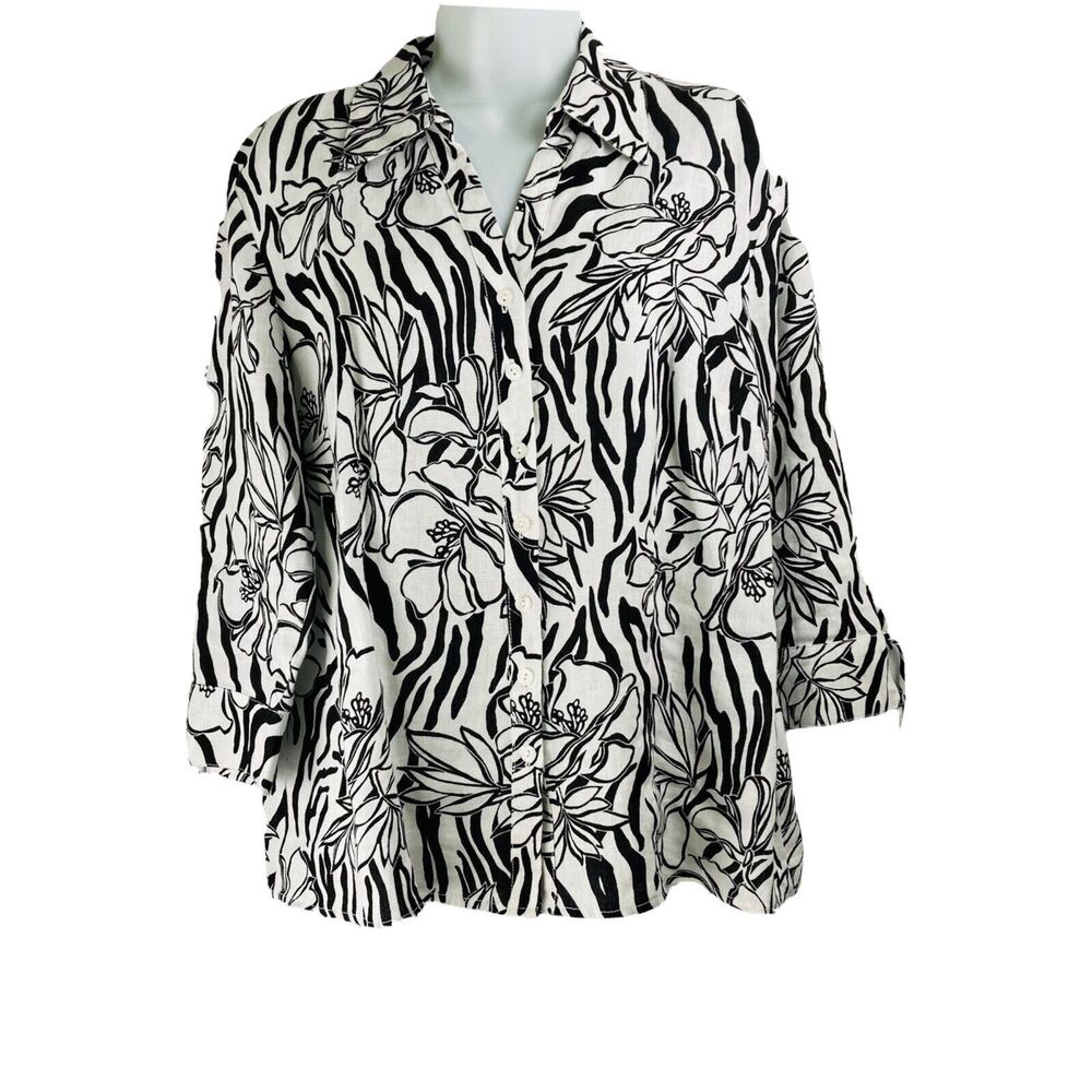 JM Collection 100% Linen Ivory and Black Floral Blouse Women's Size 12